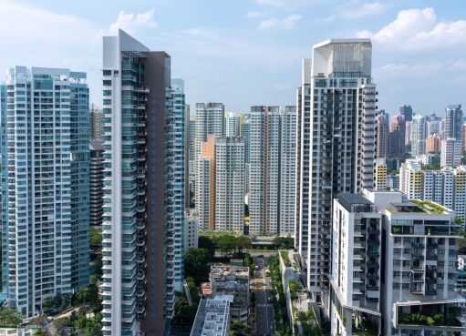 An amazing aerial shot of the Singapore cityscape with lots of skyscrapers